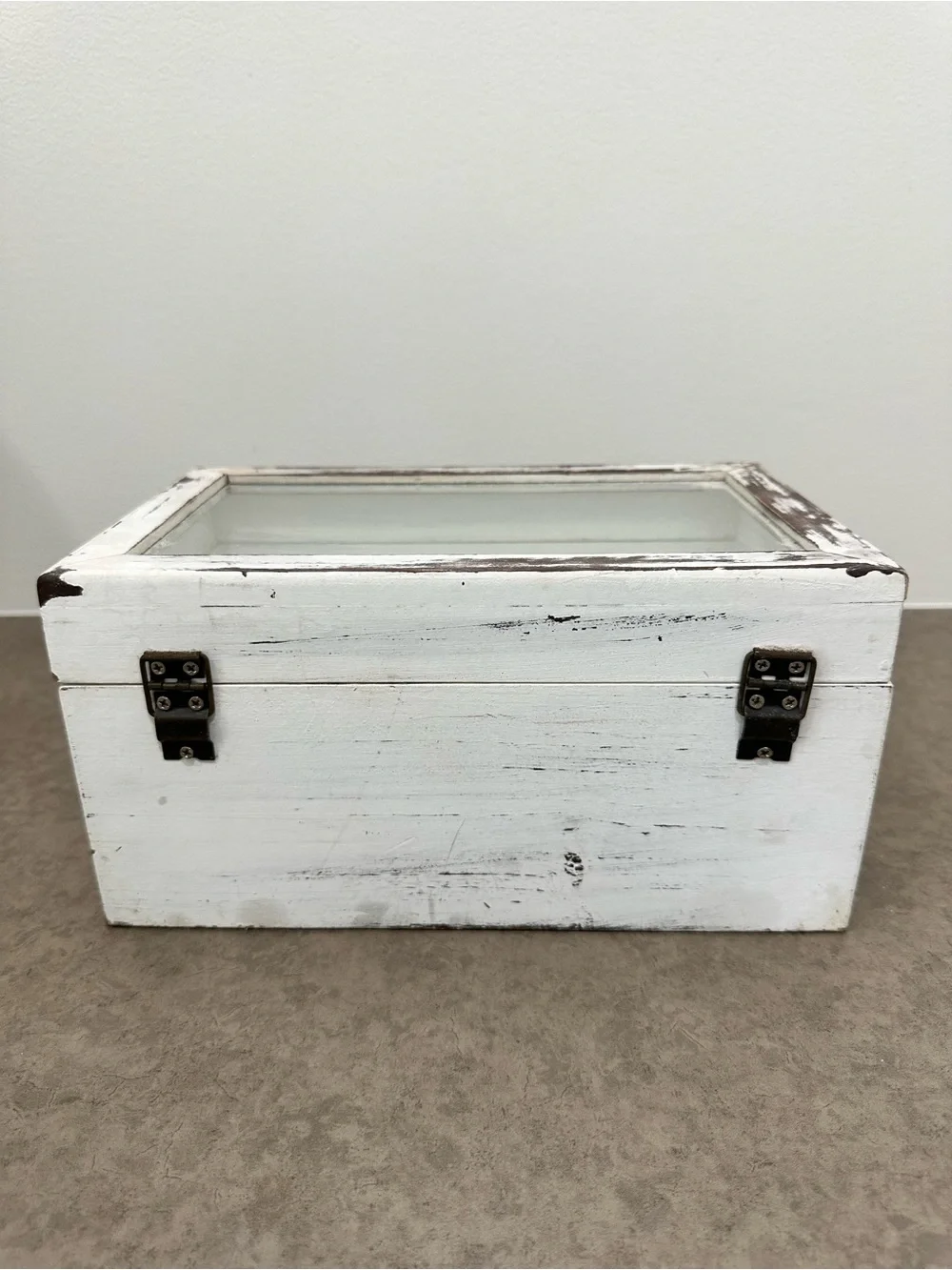 Tea Hot Cocoa Packet Organizer Box - Distressed White Wood Keepsake Glass Top